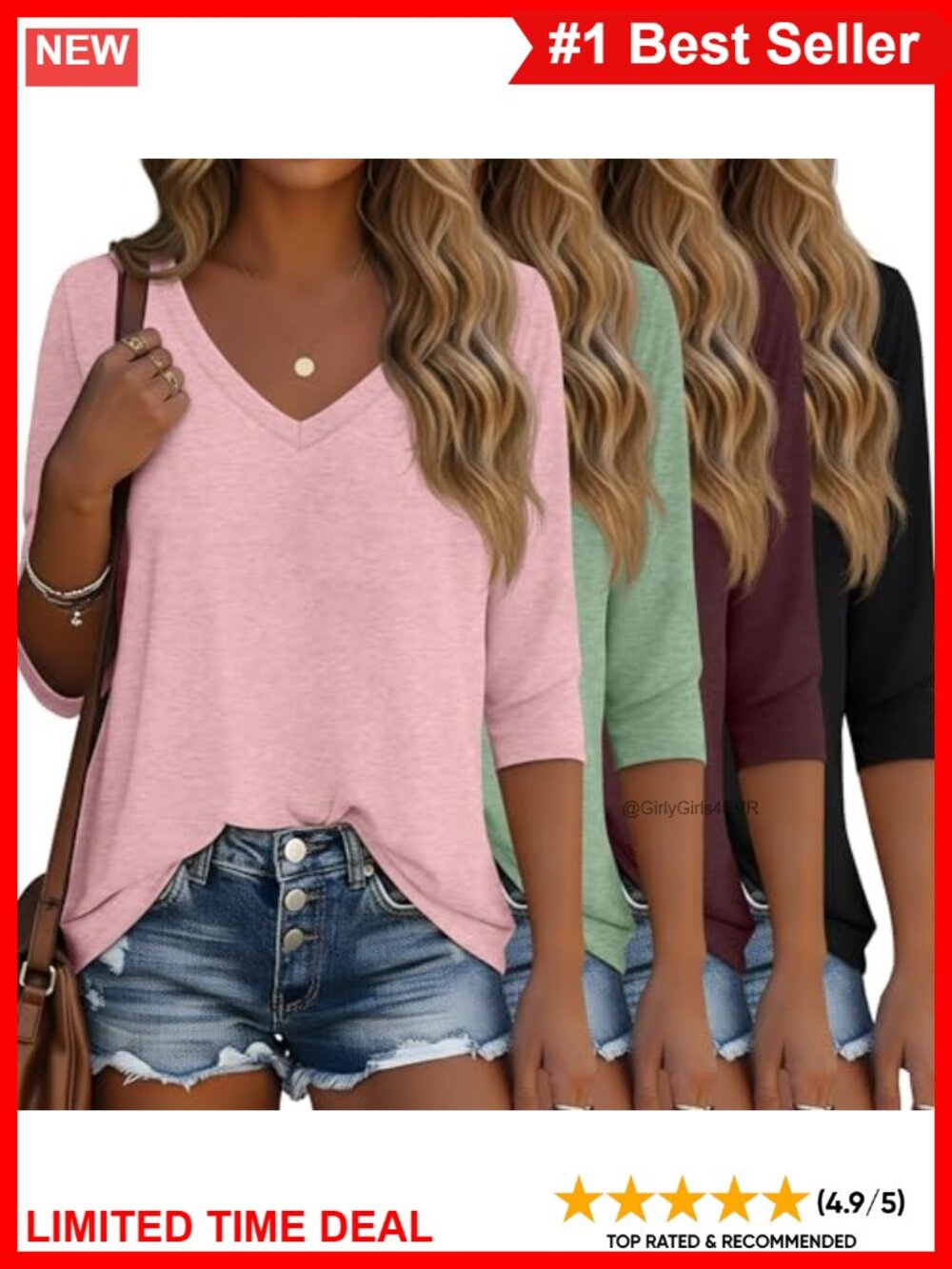 3/4 Sleeve V-Neck Tunic T-Shirts 4 Pack Cotton Blend Loose Fit Casual Tops